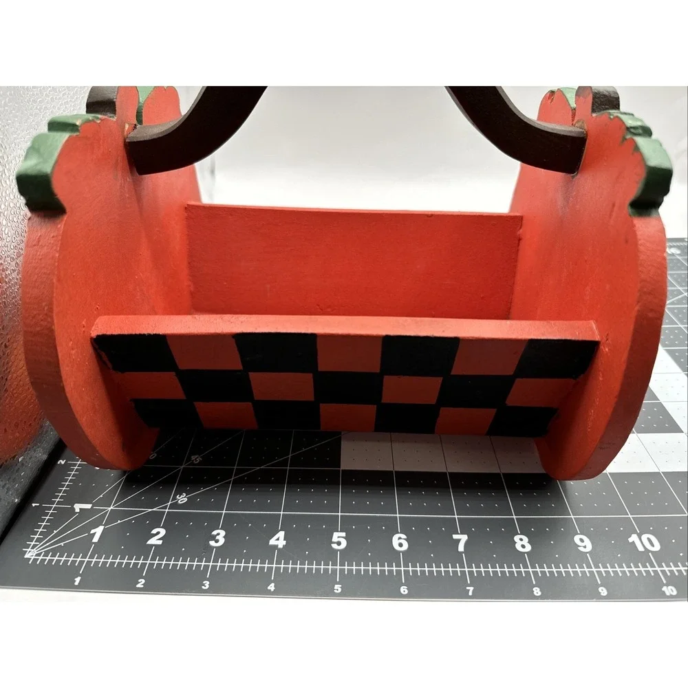 Pumpkin Wood Caddy Halloween Decor Orange Checkered Folk Art Hand Painted
